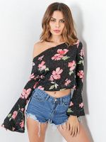 Sexy Floral Print Off-shoulder Long Horn Sleeve Women T-shirts