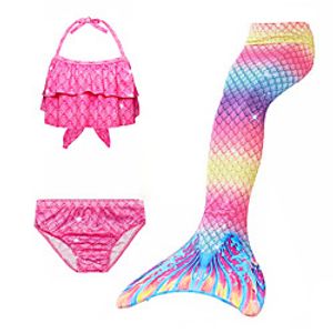 Kids Toddler Girls' Swimwear Bikini 3pcs Swimsuit Mermaid Tail The Little Mermaid Drawstring Swimwear Rainbow Color Block Sleeveless Fuchsia Vintage Cute Bathing Suits 3-10 Years miniinthebox