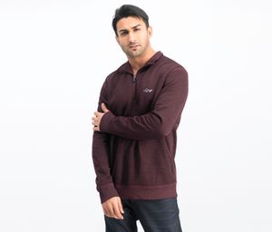 Mens Quarter Zip Herringbone Sweater  Maroon