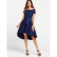 Women's A Line Dress Knee Length Dress Blushing Pink Wine White Navy Blue Short Sleeve Lace Summer Off Shoulder Lace S M L XL XXL / Cotton / Cotton miniinthebox - thumbnail