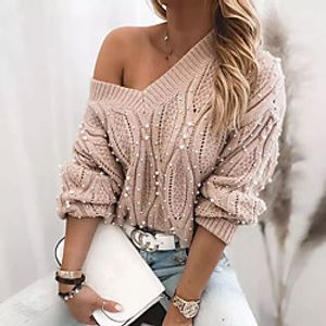 Women's Pullover Sweater Knitted Beads Solid Color Stylish Basic Casual Long Sleeve Sweater Cardigans Stand Collar Fall Winter Blushing Pink Gray Beige miniinthebox
