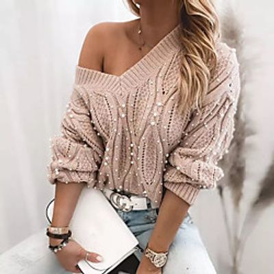 Women's Pullover Sweater Knitted Beads Solid Color Stylish Basic Casual Long Sleeve Sweater Cardigans Stand Collar Fall Winter Blushing Pink Gray Beige miniinthebox