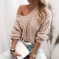 Women's Pullover Sweater Knitted Beads Solid Color Stylish Basic Casual Long Sleeve Sweater Cardigans Stand Collar Fall Winter Blushing Pink Gray Beige miniinthebox - thumbnail