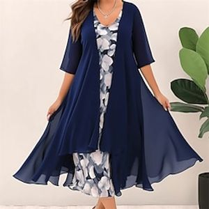 Women's Plus Size Casual Dress Dress Set Two Piece Dress Floral Long Dress Maxi Dress Half Sleeve Print V Neck Fashion Outdoor Blue Summer Spring L XL XXL 3XL 4XL miniinthebox