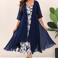 Women's Plus Size Casual Dress Dress Set Two Piece Dress Floral Long Dress Maxi Dress Half Sleeve Print V Neck Fashion Outdoor Blue Summer Spring L XL XXL 3XL 4XL miniinthebox - thumbnail