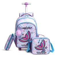 Eazy Kids 18 Inch Set Of 3 Trolley School Bag With Lunch Bag And Pencil Case Mermaid - Purple