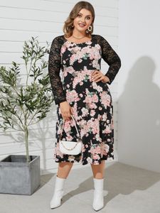 YOINS Plus Size Round Neck Floral Print Lace Patchwork Long Sleeves Midi Dress