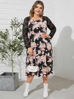 YOINS Plus Size Round Neck Floral Print Lace Patchwork Long Sleeves Midi Dress - thumbnail