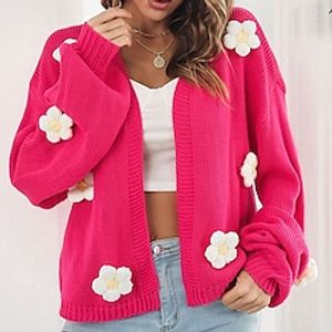 Women's Cardigan Sweater Jumper Ribbed Knit Embroidered Knitted Floral V Neck Stylish Casual Outdoor Daily Winter Fall Green Fuchsia S M L / Long Sleeve / Holiday / Regular Fit / Going out miniinthebox