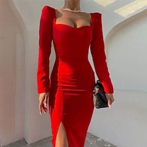 Women's Party Dress Bodycon Knee Length Dress Red Long Sleeve Pure Color Split Fall Winter Square Neck Party Elegant Mature 2022 S M L XL miniinthebox