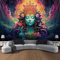Blacklight Tapestry UV Reactive Glow in the Dark Misty Buddha Flower Nature Landscape Hanging Tapestry Wall Art Mural for Living Room Bedroom miniinthebox