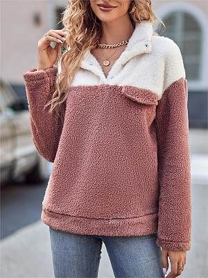 Women's Patchwork Contrast Stand Collar Fleece Thick Sweatshirt