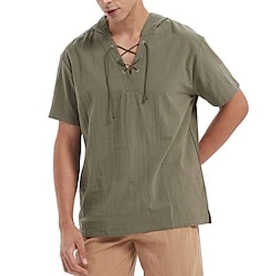 Men's Casual Shirt Plain Hooded Green Black Blue Brown Street Casual Short Sleeve Lace up Clothing Apparel Cotton Fashion Classic Comfortable Lightinthebox