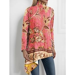 Women's Shirt Blouse Floral Pink Blue Purple Print Asymmetric Hem Long Sleeve Casual Holiday Fashion High Neck Regular Fit Spring   Fall Lightinthebox