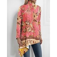 Women's Shirt Blouse Floral Pink Blue Purple Print Asymmetric Hem Long Sleeve Casual Holiday Fashion High Neck Regular Fit Spring   Fall Lightinthebox - thumbnail