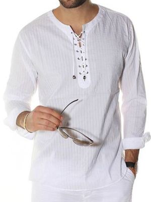 INCERUN Men Lace Up Stripe Texture T-Shirts INCERUN Men Lace Up Stripe Texture T-Shirts