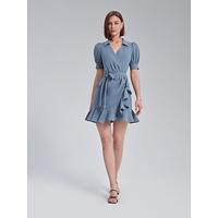 Puff Sleeve Wrap Dress with Ruffle