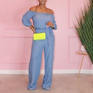 Women's Jumpsuit High Waist Solid Color Off Shoulder Streetwear Street Going out Regular Fit Long Sleeve Blue S M L Winter Lightinthebox