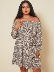 YOINS Plus Size Off the Shoulder Leopard Belt Design Long Sleeves Mini Dress