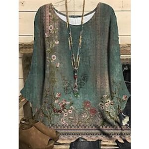 Women's Plus Size Tops Blouse Shirt Floral Color Gradient Print Long Sleeve Crewneck Casual Daily Vacation Polyester Fall Winter Blue Dark Green Lightinthebox