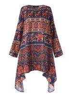 Ethnic Printed Irregular Hem Long Sleeve Blouse