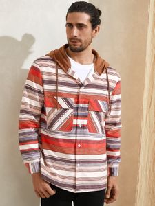 Men Red Striped Button Down Hoodie