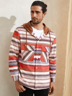 Men Red Striped Button Down Hoodie