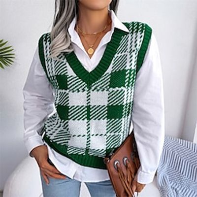 Women's Sweater Vest Jumper Crochet Knit Knitted Plaid V Neck Stylish Casual Outdoor Holiday Winter Fall Green Khaki S M L / Sleeveless / Sleeveless / Regular Fit / Going out miniinthebox