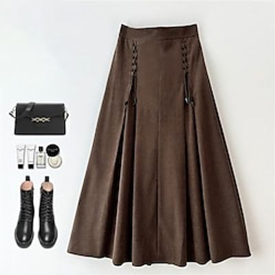 Women's Skirt Corduroy Skirt Midi Ash Apricot Black Coffee Skirts Ruched Drawstring Elegant Casual Street Daily One-Size miniinthebox