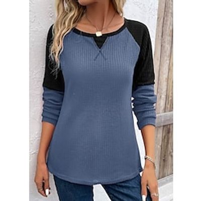 Women's T shirt Tee Waffle Yellow Pink Red Color Block Long Sleeve Daily Weekend Fashion Round Neck Regular Fit Spring   Fall miniinthebox
