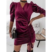 Women's Party Dress Green Velvet Dress Cocktail Dress Mini Dress Black Wine Long Sleeve Pure Color Ruched Fall Winter Autumn V Neck Fashion Winter Dress Lightinthebox - thumbnail