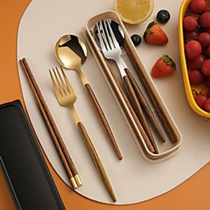 4 PCS Stainless Steel Portable Cutlery Set Tableware Wooden Handle Student Creative Spoon Fork Wooden Chopsticks with Box Lightinthebox