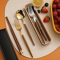 4 PCS Stainless Steel Portable Cutlery Set Tableware Wooden Handle Student Creative Spoon Fork Wooden Chopsticks with Box Lightinthebox - thumbnail