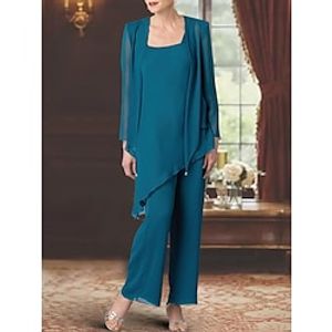 Jumpsuit  Pantsuit 3 Piece Mother of the Bride Dress Formal Wedding Guest Elegant Scoop Neck Floor Length Chiffon Long Sleeve with Sequin Ruffles 2023 Lightinthebox
