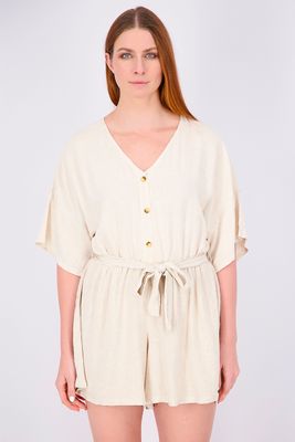 Womens V-Neck Short Sleeve Button Up Playsuit Stone Womens V-Neck Short Sleeve Button Up Playsuit Stone