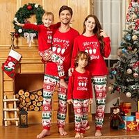 Family Christmas Pajamas Graphic Letter Home Print Red Long Sleeve Mommy And Me Outfits Active Matching Outfits miniinthebox - thumbnail