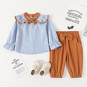 Kids Girls' Clothing Set Long Sleeve Blue Solid Colored Bow Cotton Daily Wear Active Basic Regular 3-6 Years Lightinthebox