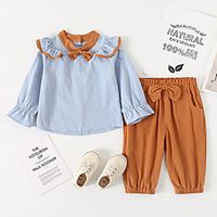 Kids Girls' Clothing Set Long Sleeve Blue Solid Colored Bow Cotton Daily Wear Active Basic Regular 3-6 Years Lightinthebox - thumbnail