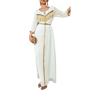 Women's Shift Dress Maxi long Dress White Long Sleeve Solid Color Tassel Fringe Chiffon pearl Fall Summer Round Neck Vacation Muslim Mesh S M L XL XXL Lightinthebox