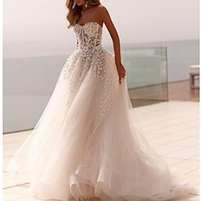 Beach Open Back Formal Wedding Dresses Ball Gown Sweetheart Sleeveless Sweep  Brush Train Tulle Bridal Gowns With Appliques Solid Color 2024 Lightinthebox