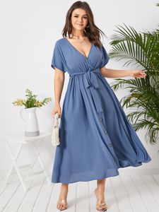 YOINS Plus Size V-neck Button Design Short Sleeves Dress