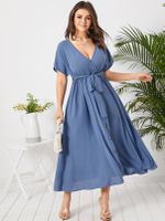 YOINS Plus Size V-neck Button Design Short Sleeves Dress - thumbnail