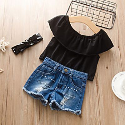 Toddler Girls' Clothing Set Short Sleeve Black Solid Colored Print Active Regular 3-12 Years miniinthebox