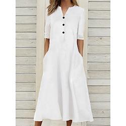 Women's Linen Dress White Cotton Dress Maxi Dress Button Pocket Daily Split Neck Half Sleeve Summer Spring Black White Plain Lightinthebox