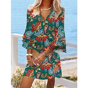 Women's Casual Dress Ethnic Dress Shift Dress Floral Paisley Print V Neck Mini Dress Vintage Ethnic Outdoor Daily 34 Length Sleeve Regular Fit Dark Green Spring Summer S M L XL XXL Lightinthebox