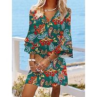 Women's Casual Dress Ethnic Dress Shift Dress Floral Paisley Print V Neck Mini Dress Vintage Ethnic Outdoor Daily 34 Length Sleeve Regular Fit Dark Green Spring Summer S M L XL XXL Lightinthebox - thumbnail