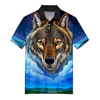 Men's Polo 3D Print Wolf Animal Button-Down Print Short Sleeve Casual Tops Casual Fashion Soft Breathable Blue Lightinthebox