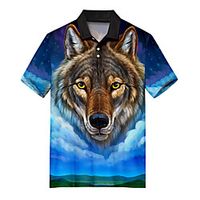 Men's Polo 3D Print Wolf Animal Button-Down Print Short Sleeve Casual Tops Casual Fashion Soft Breathable Blue Lightinthebox - thumbnail