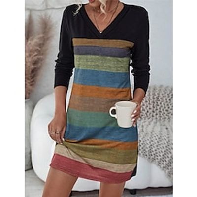 Women's Casual Dress Winter Dress Stripe Print V Neck Mini Dress Streetwear Street Date Long Sleeve Loose Fit Black Yellow Blue Fall Winter S M L XL XXL Lightinthebox