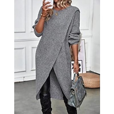 Women's Sweater Dress Jumper Dress Casual Dress Midi Dress Warm Plain Outdoor Daily Going out Crew Neck Long Sleeve 2023 Regular Fit Black Green khaki S M L XL XXL 3XL miniinthebox
